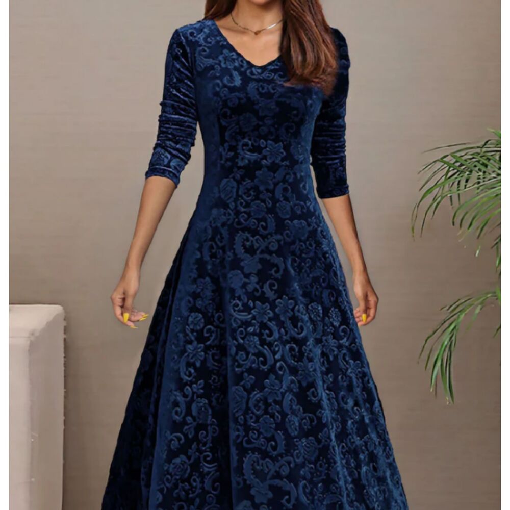 Allegra K Blue Velvet Floral V Neck Maxi Dress Long Sleeve Elegant VTG Style S